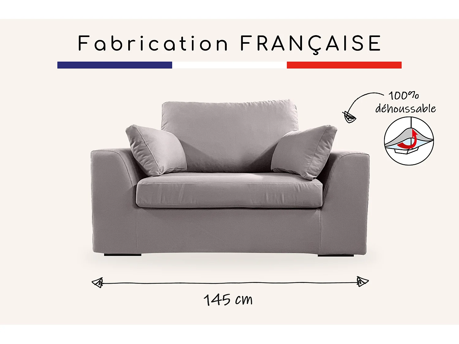 Fauteuil XL TRESSIN 145 cm fixe tissu coton Gris Clair - 100% déhoussable - Fab. France