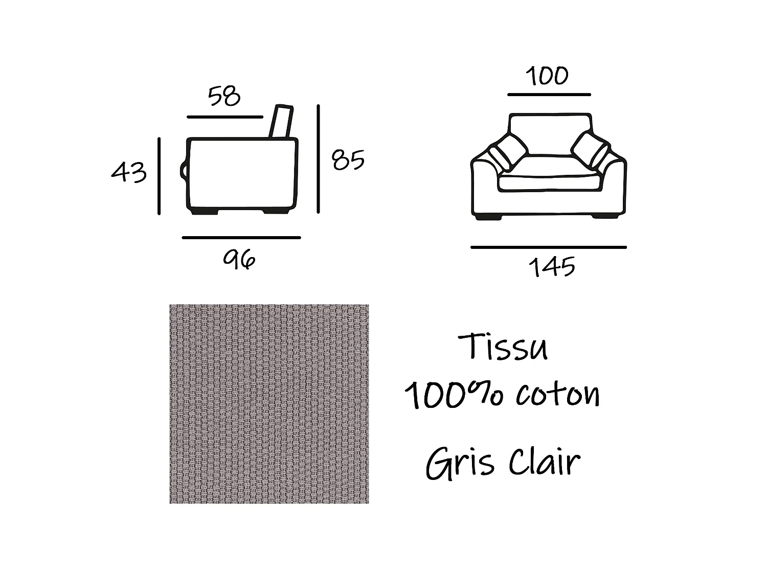 Fauteuil XL TRESSIN 145 cm fixe tissu coton Gris Clair - 100% déhoussable - Fab. France