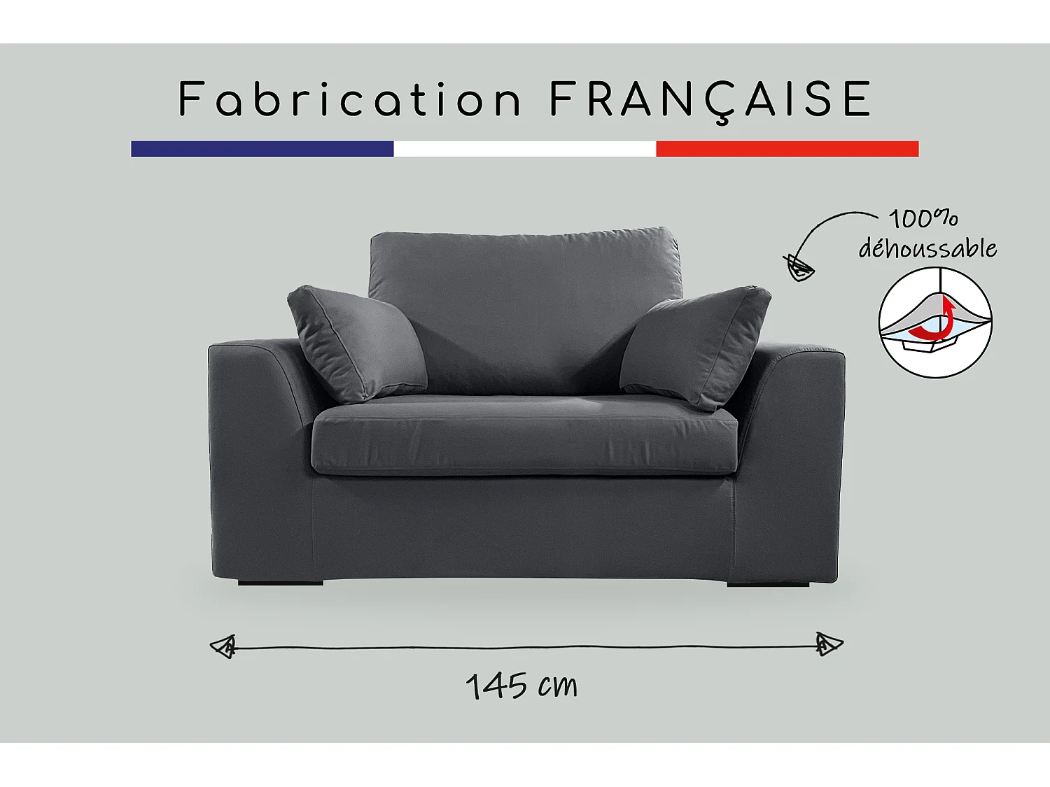 Fauteuil XL TRESSIN 145 cm fixe tissu coton Anthracite - 100% déhoussable - Fab. France