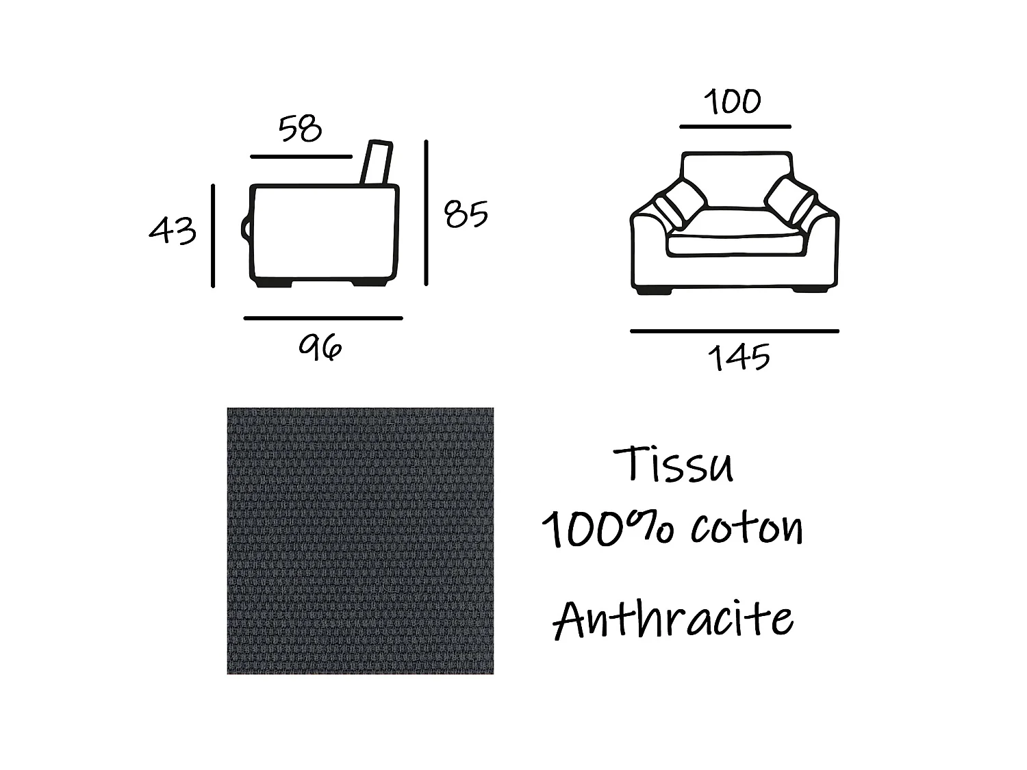 Fauteuil XL TRESSIN 145 cm fixe tissu coton Anthracite - 100% déhoussable - Fab. France