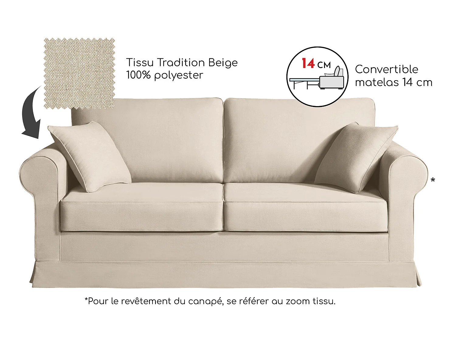 Convertible 14 cm HR 35kg/m³ canapé 3 pl COLME 200 cm tissu Tradition Beige