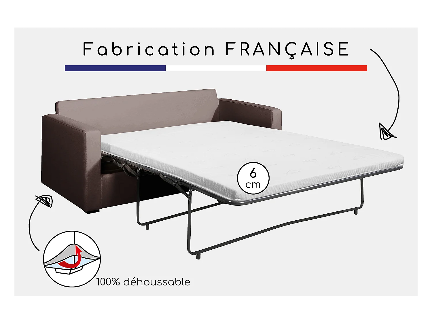 Convertible 6 cm lattes canapé 3 pl LYS 175 cm tissu Tradition Taupe - Fab. France