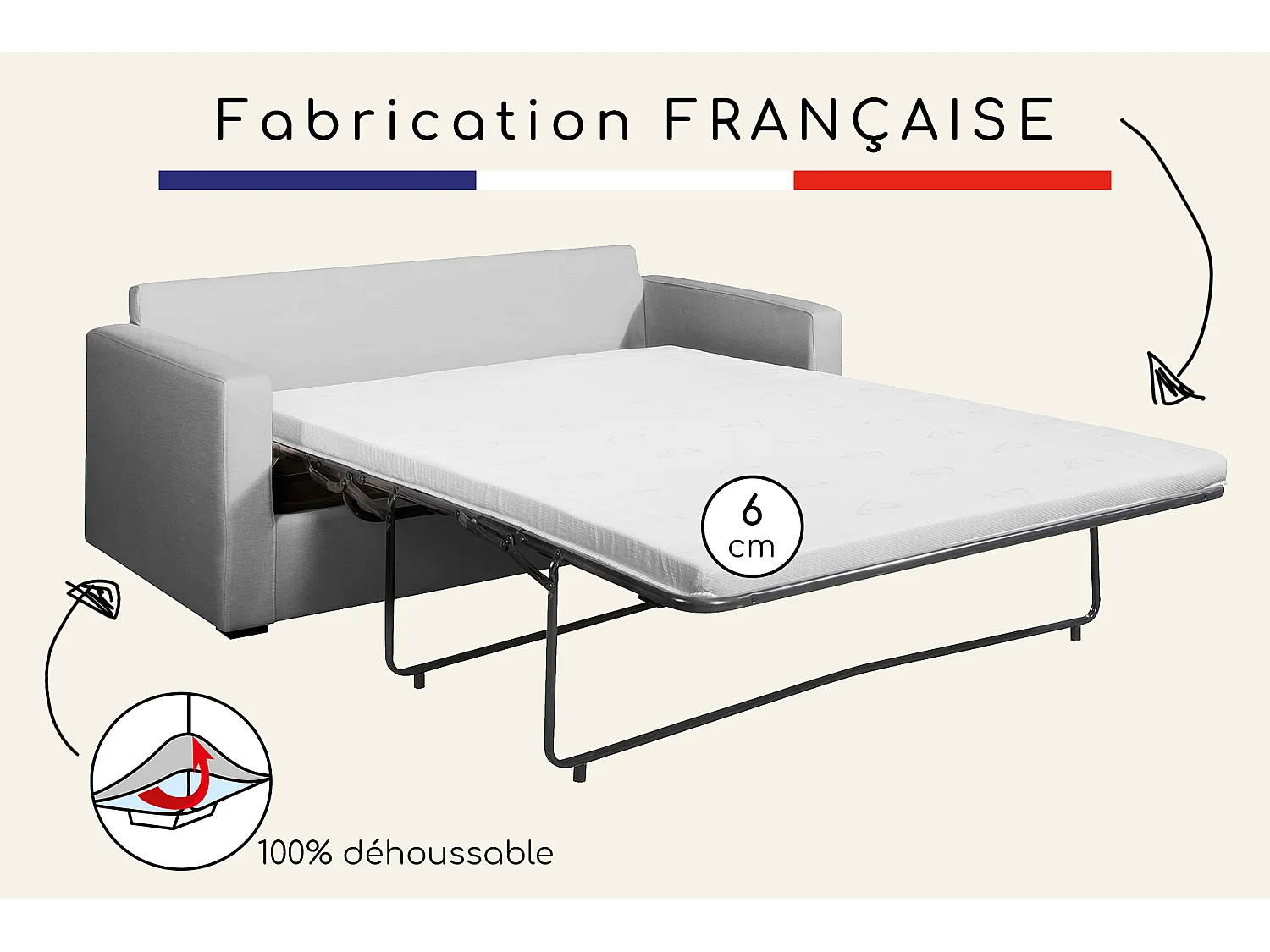 Convertible 6 cm lattes canapé 3 pl LYS 175 cm tissu Tradition Gris Clair - Fab. France