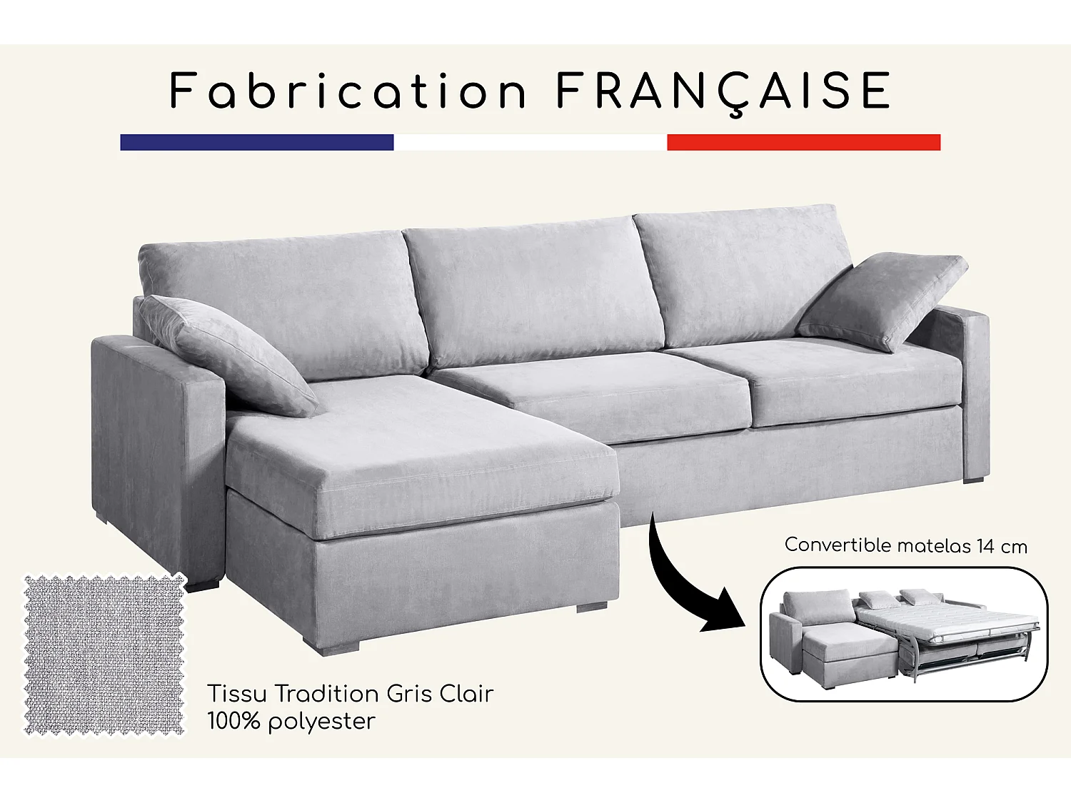 Canapé d'angle convertible 14 cm LYS 260x160 cm Tradition Gris Clair - Fab. en France