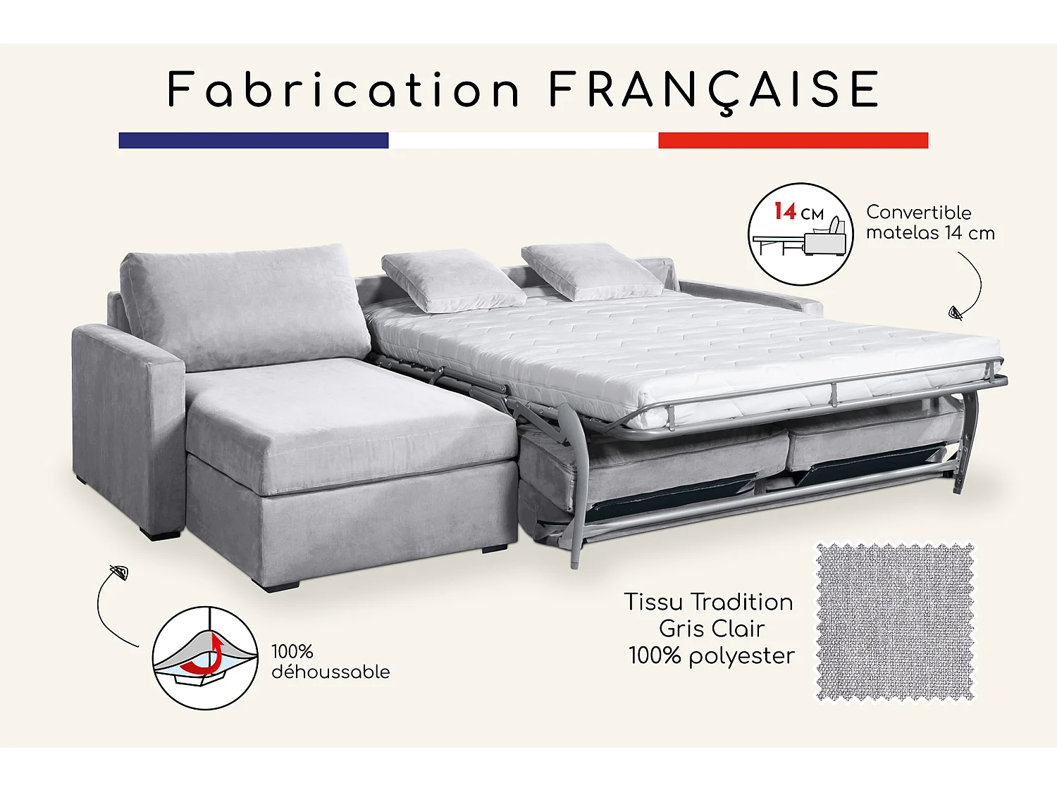 Canapé d'angle convertible 14 cm LYS 260x160 cm Tradition Gris Clair - Fab. en France