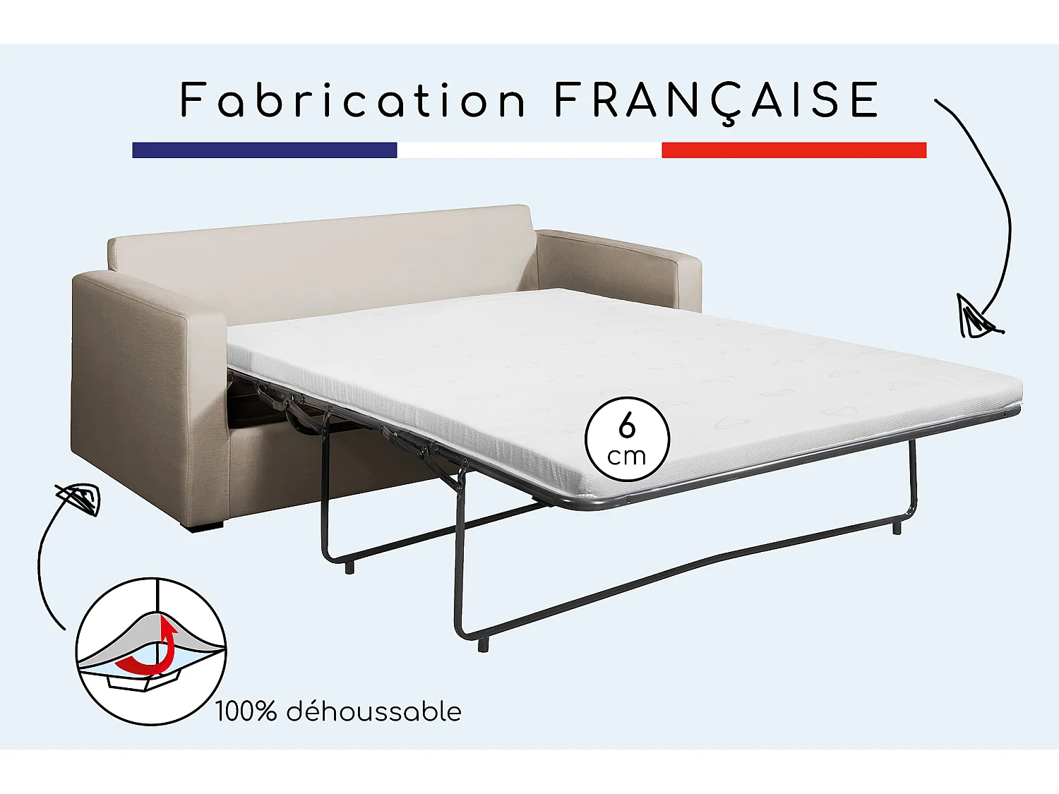 Convertible 6 cm lattes canapé 3 pl LYS 175 cm tissu Tradition Beige - Fab. France