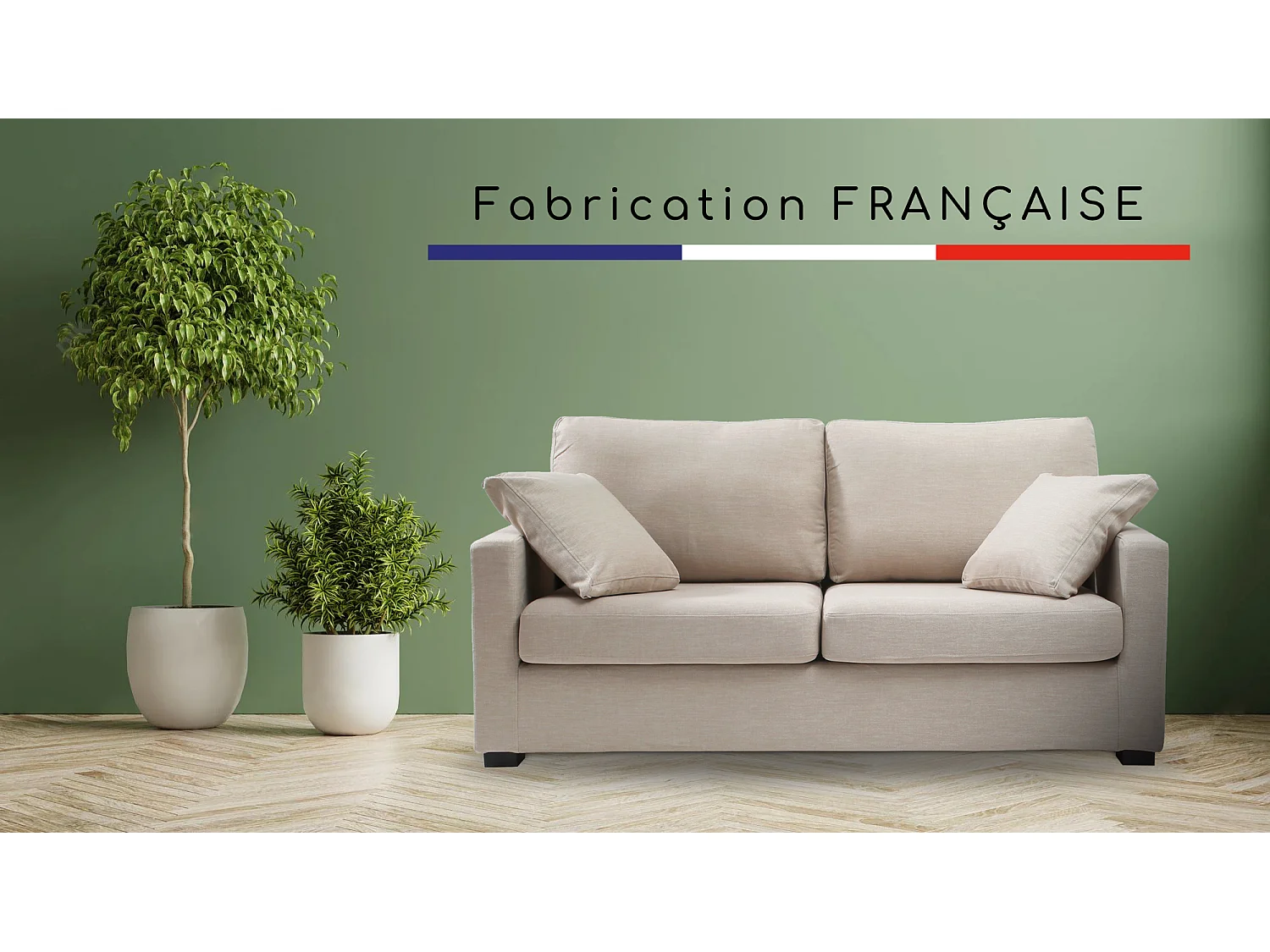 Convertible 6 cm lattes canapé 3 pl LYS 175 cm tissu Tradition Beige - Fab. France