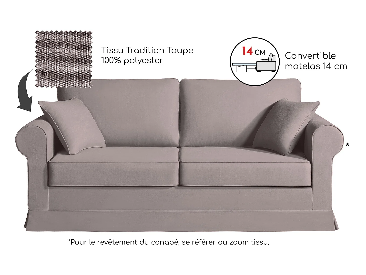 Convertible 14 cm HR 35kg/m³ canapé 3 pl COLME 200 cm tissu Tradition Taupe