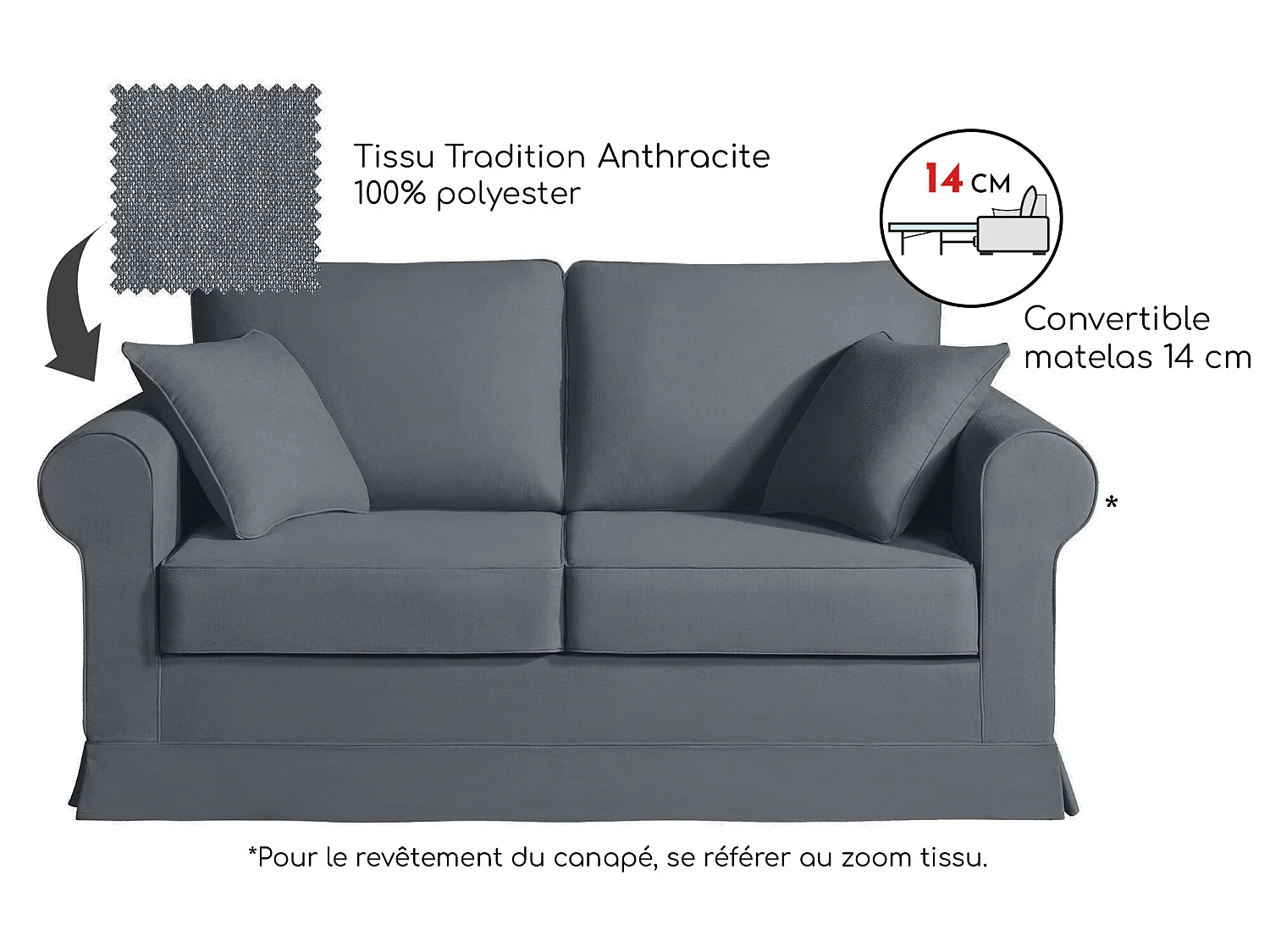 Convertible 14 cm HR 35kg/m³ canapé 2 pl COLME 180 cm tissu Tradition Anthracite