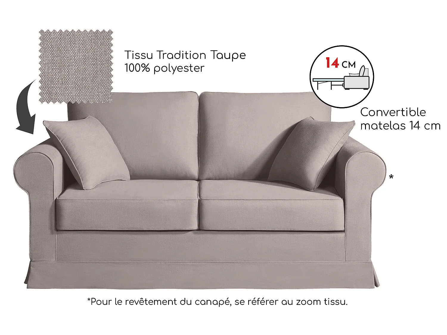 Convertible 14 cm HR 35kg/m³ canapé 2 pl COLME 180 cm tissu Tradition Taupe - Fab. France