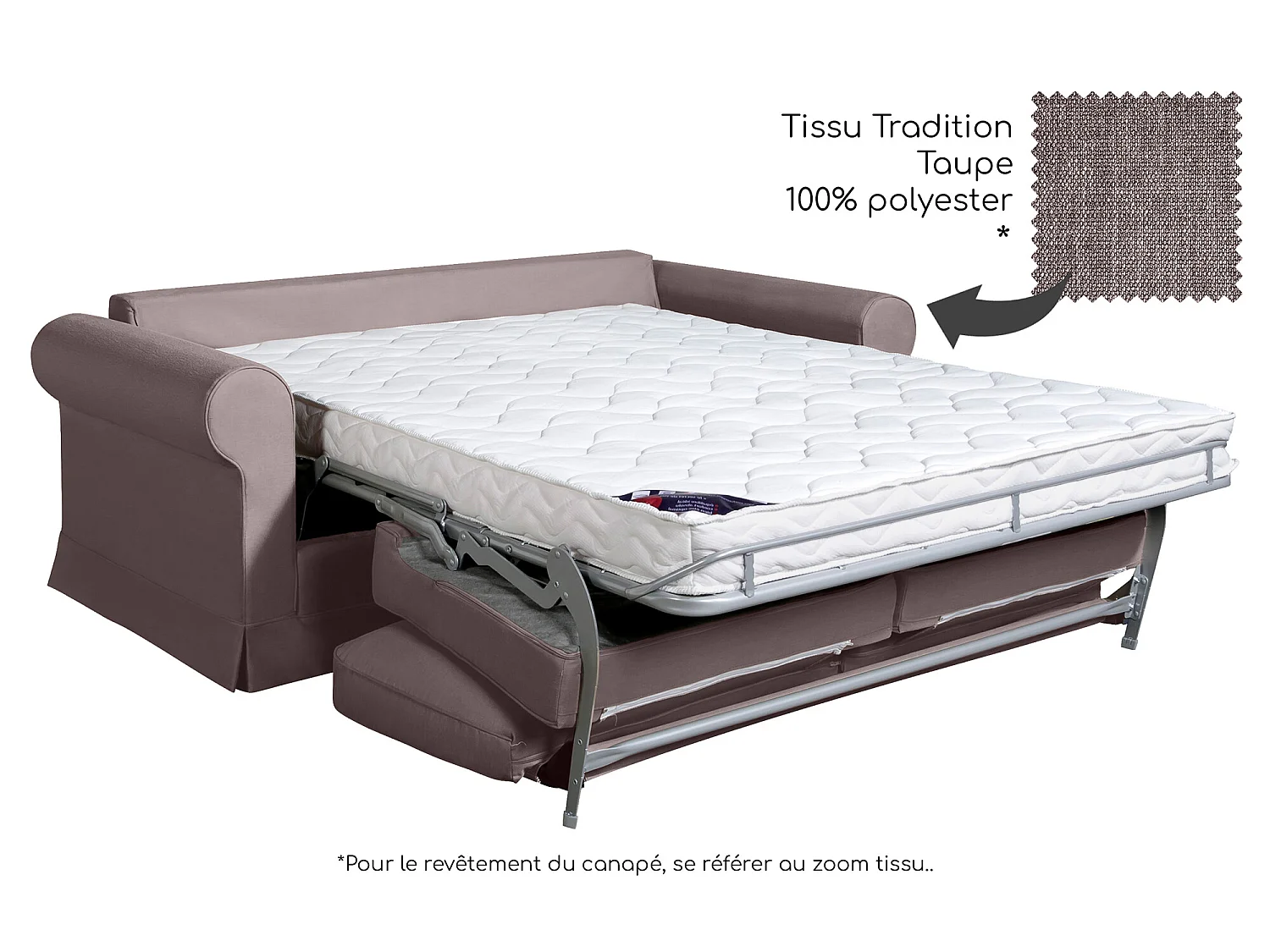 Convertible 14 cm HR 35kg/m³ canapé 2 pl COLME 180 cm tissu Tradition Taupe - Fab. France