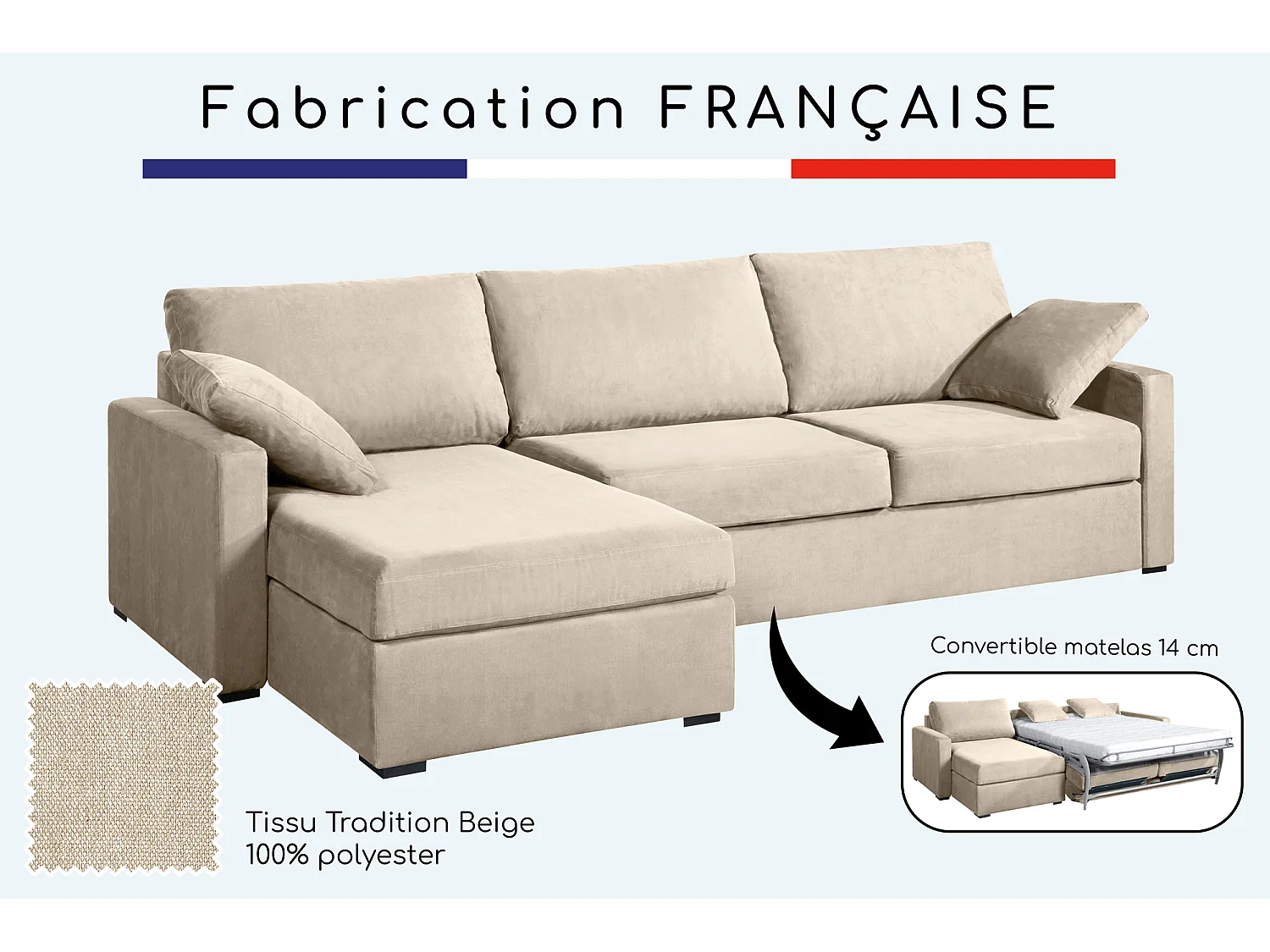Canapé d'angle convertible 14 cm LYS 260x160 cm Tradition Beige - Fab. en France