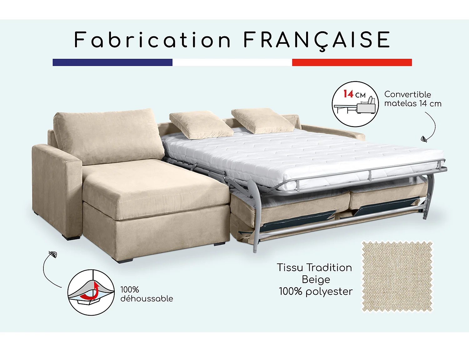 Canapé d'angle convertible 14 cm LYS 260x160 cm Tradition Beige - Fab. en France