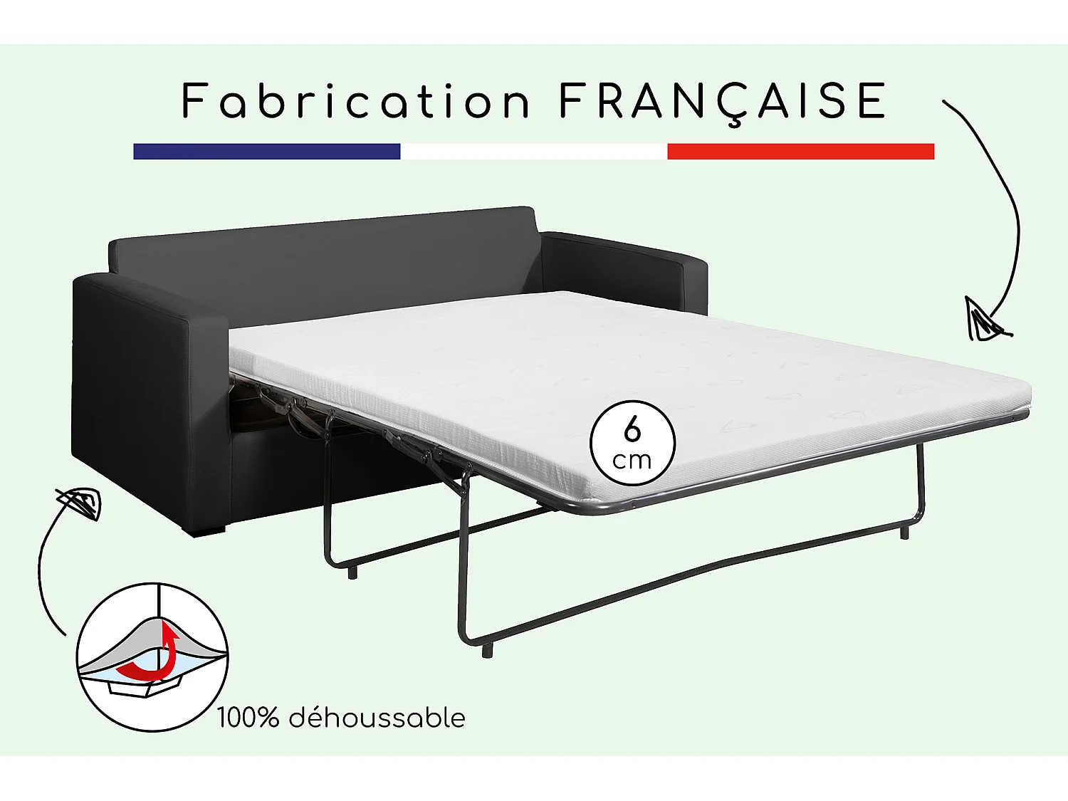 Convertible 6 cm lattes canapé 3 pl LYS 175 cm tissu Tradition Anthracite - Fab. France