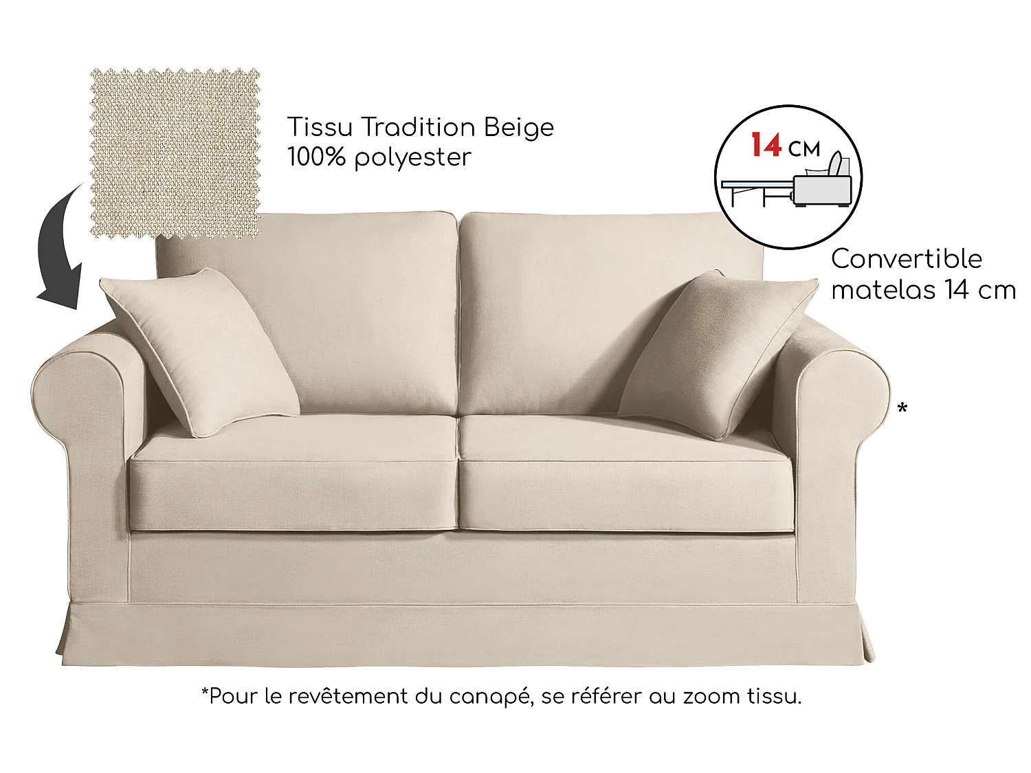 Convertible 14 cm HR 35kg/m³ canapé 2 pl COLME 180 cm tissu Tradition Beige - Fab. France
