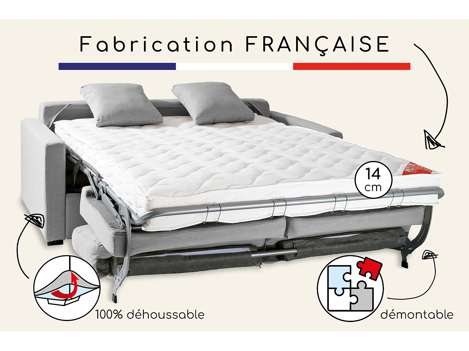 Convertible 14 cm HR 35kg/m³ canapé 3 pl LYS 185 cm tissu Tradition Gris Clair - Fab. France