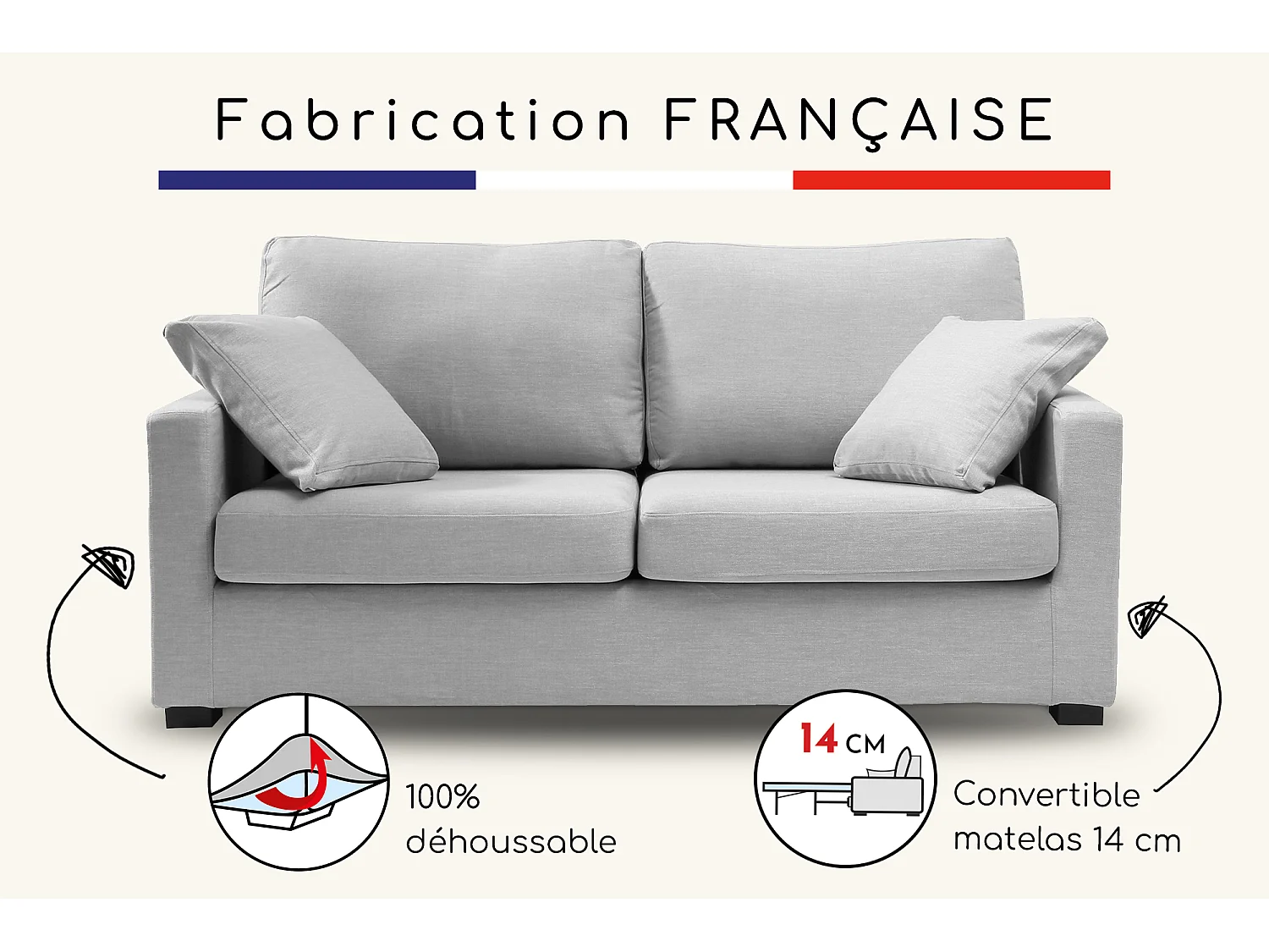 Convertible 14 cm HR 35kg/m³ canapé 3 pl LYS 185 cm tissu Tradition Gris Clair - Fab. France