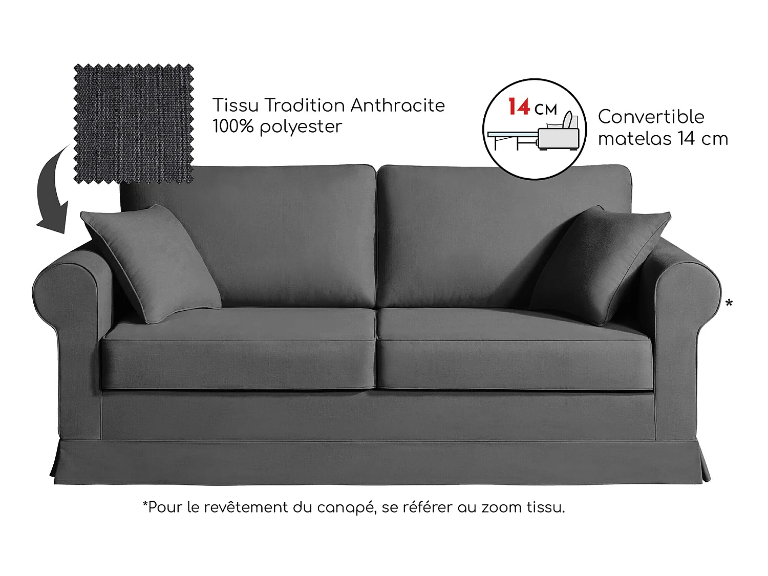 Convertible 14 cm HR 35kg/m³ canapé 3 pl COLME 200 cm tissu Tradition Anthracite