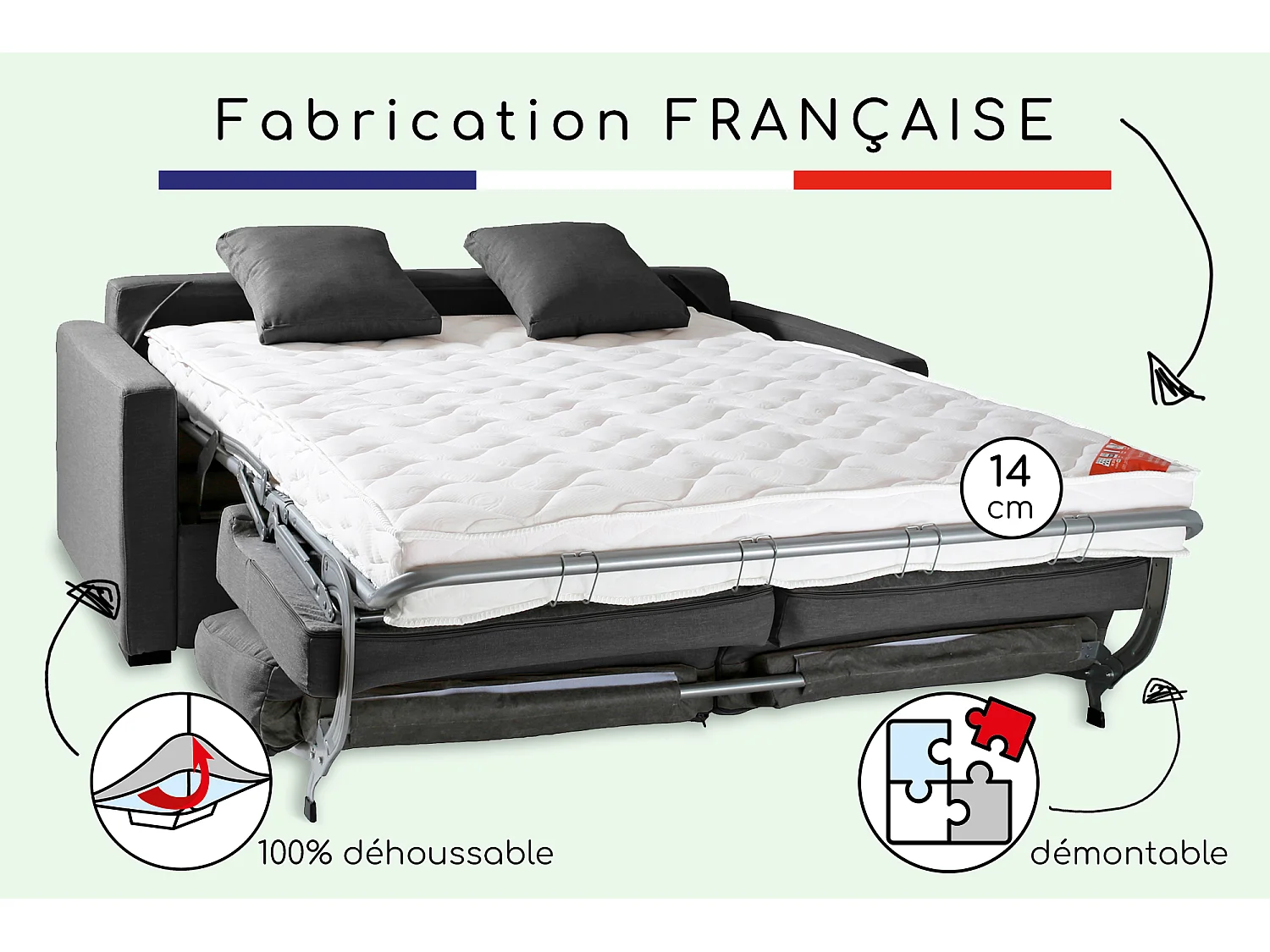 Convertible 14 cm HR 35kg/m³ canapé 3 pl LYS 185 cm tissu Tradition Anthracite - Fab. France