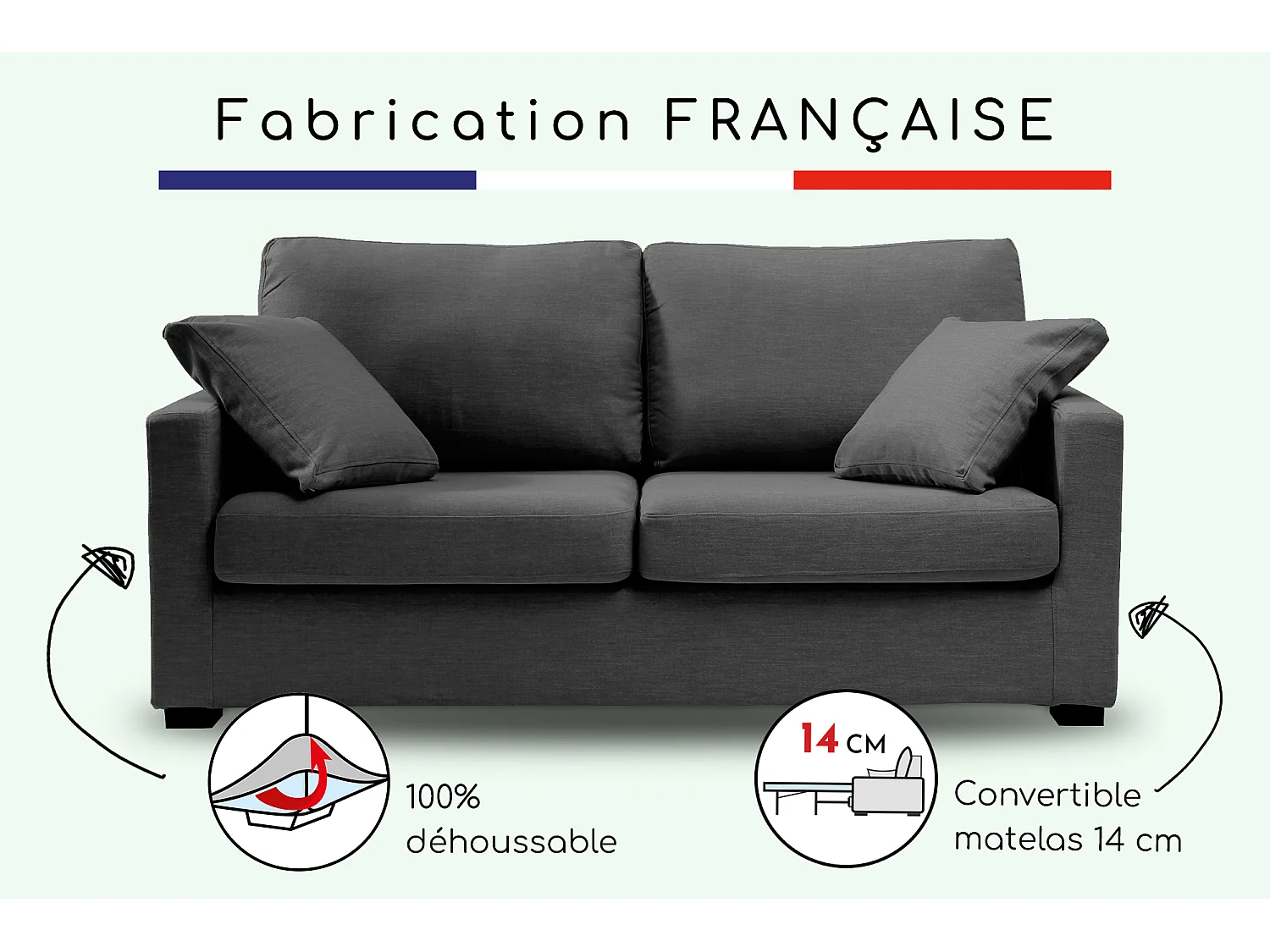 Convertible 14 cm HR 35kg/m³ canapé 3 pl LYS 185 cm tissu Tradition Anthracite - Fab. France