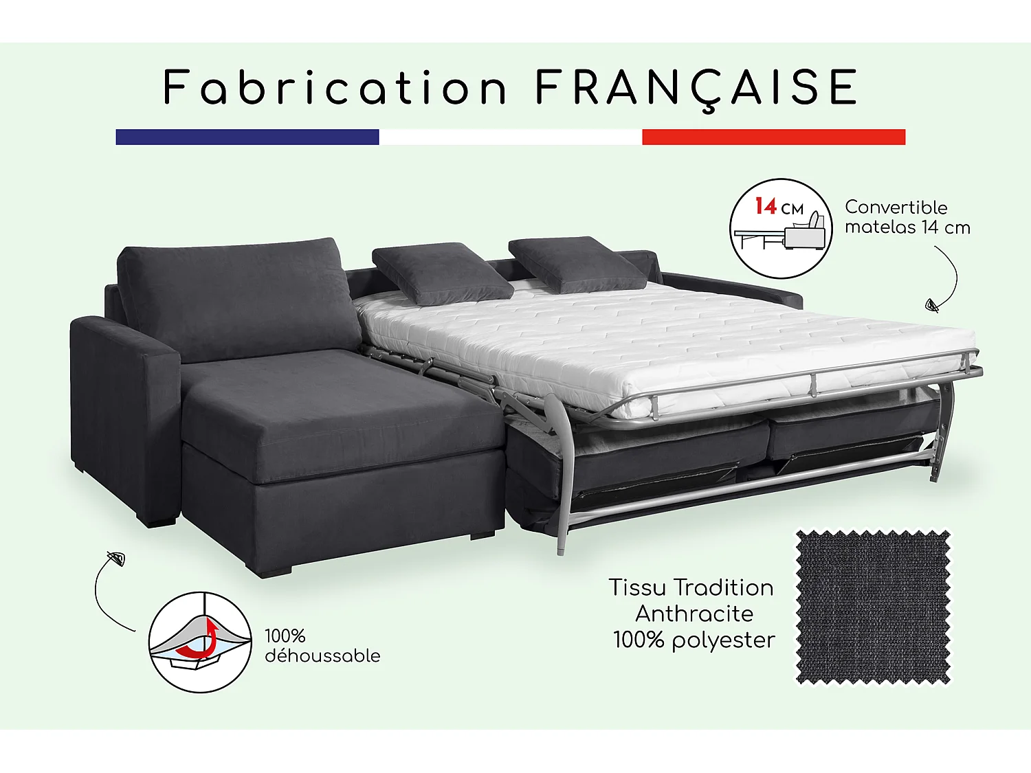 Canapé d'angle convertible 14 cm LYS 260x160 cm Tradition Anthracite - Fab. en France