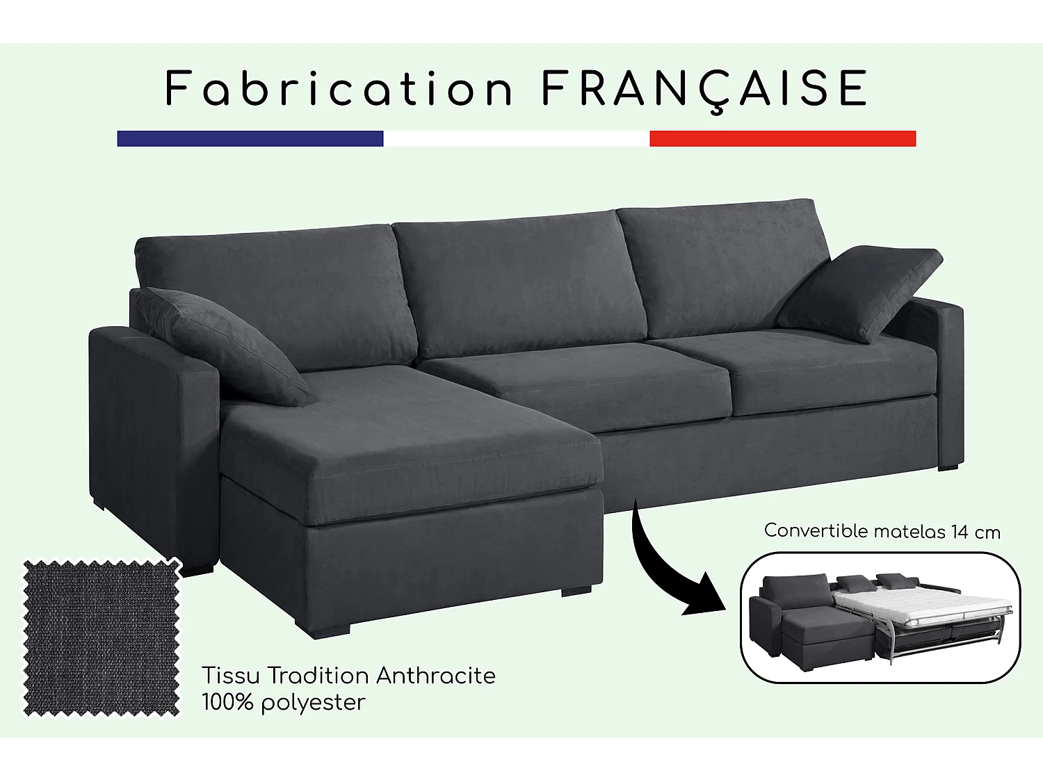 Canapé d'angle convertible 14 cm LYS 260x160 cm Tradition Anthracite - Fab. en France