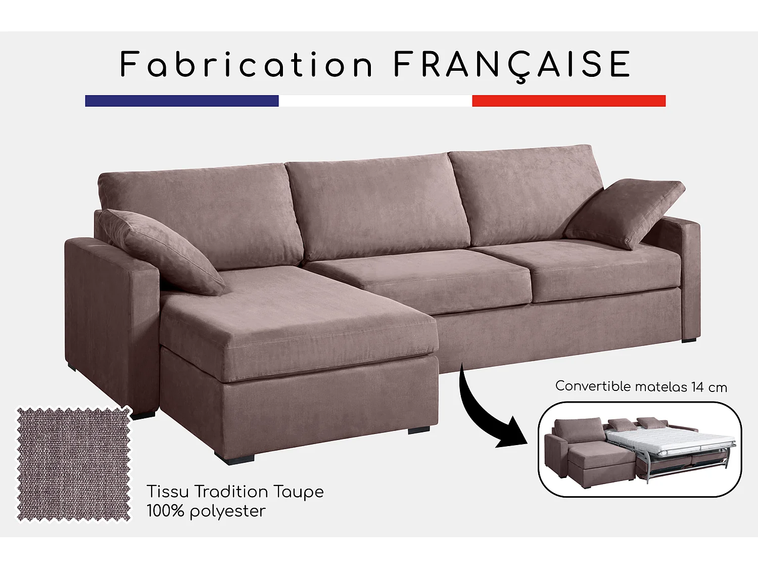 Canapé d'angle convertible 14 cm LYS 260x160 cm Tradition Taupe - Fab. en France