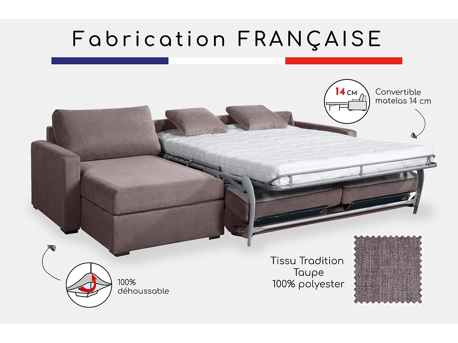 Canapé d'angle convertible 14 cm LYS 260x160 cm Tradition Taupe - Fab. en France