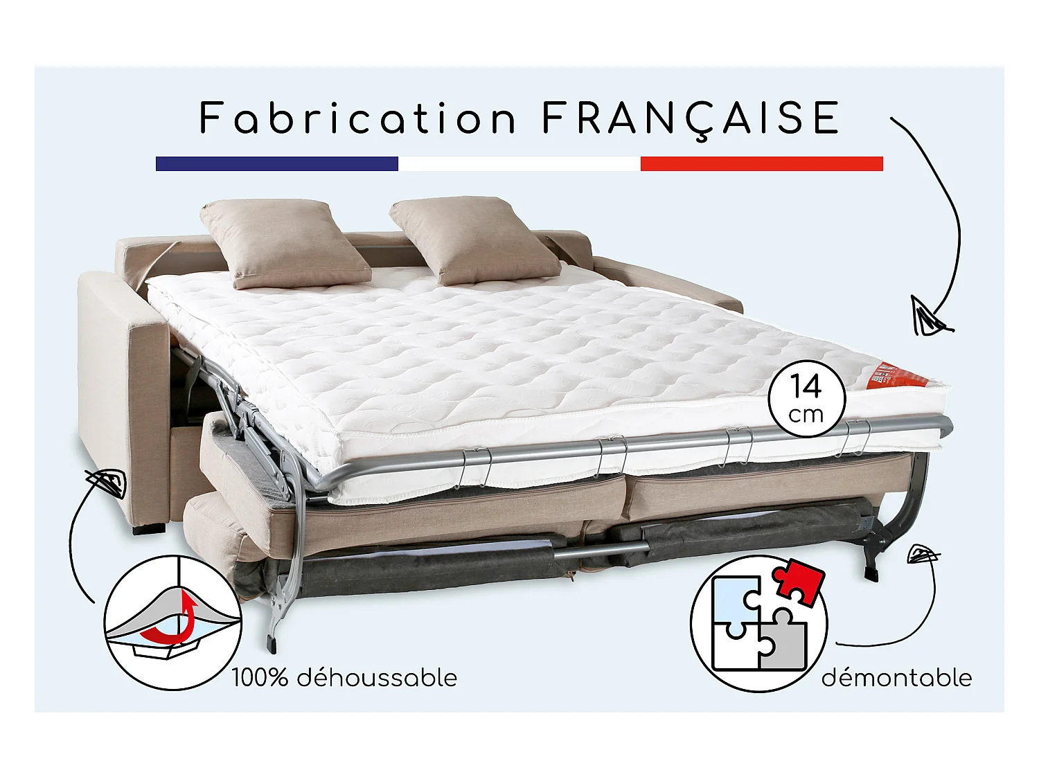 Convertible 14 cm HR 35kg/m³ canapé 3 pl LYS 185 cm tissu Tradition Beige - Fab. France