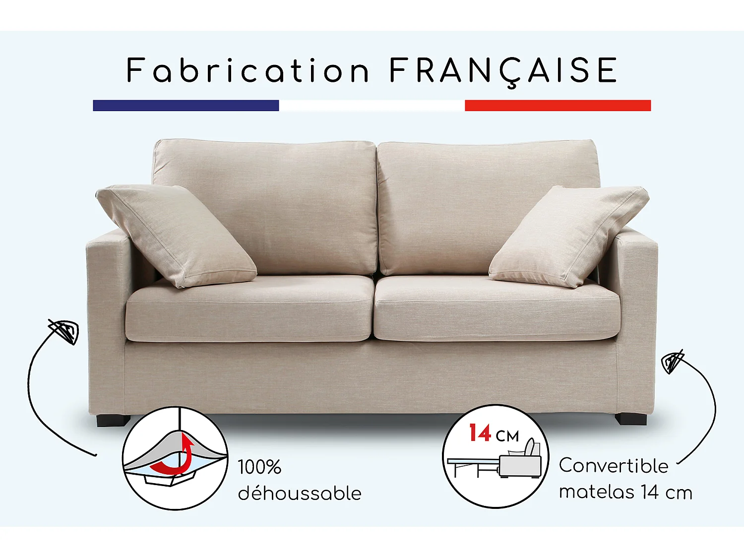 Convertible 14 cm HR 35kg/m³ canapé 3 pl LYS 185 cm tissu Tradition Beige - Fab. France