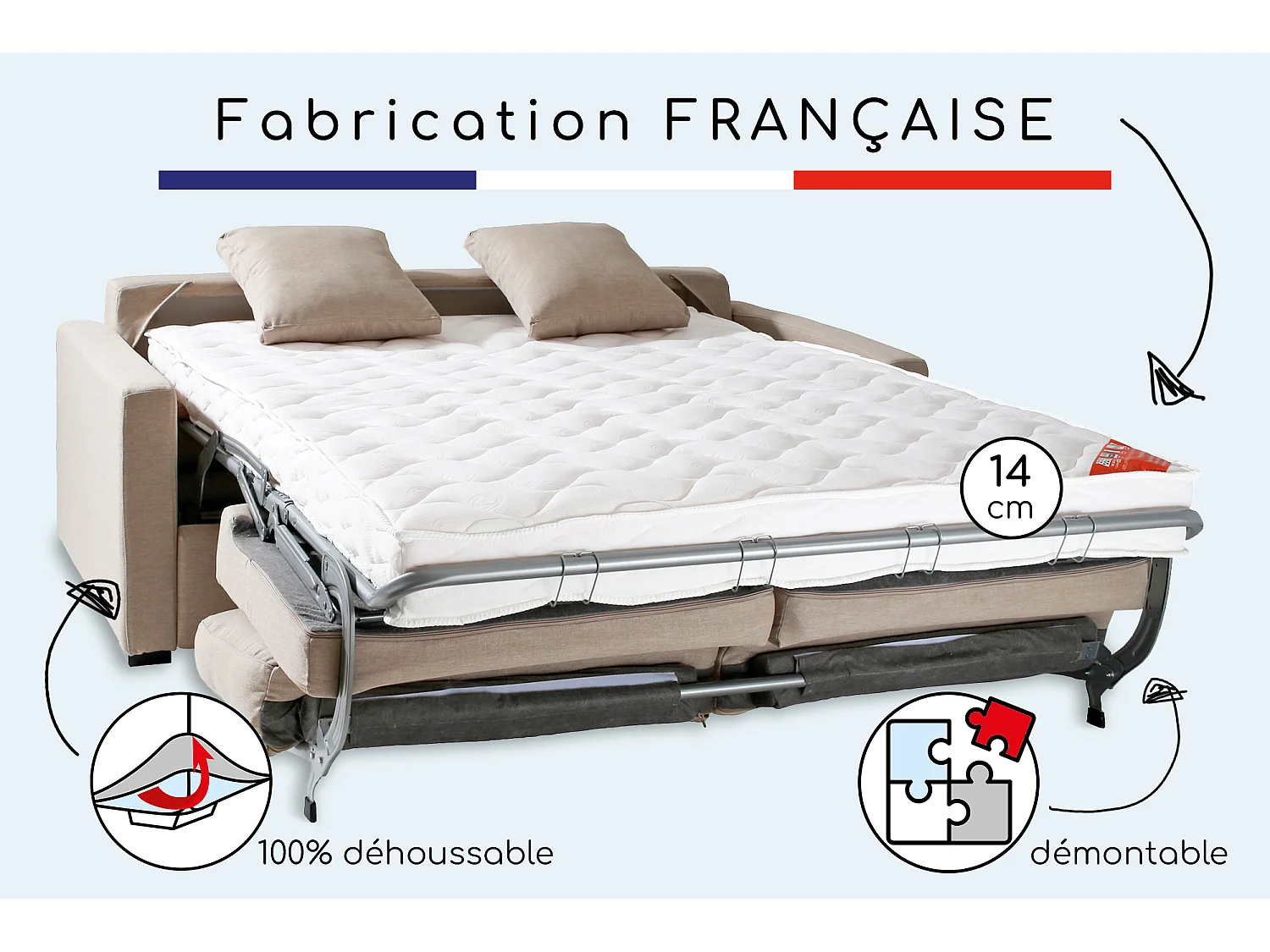 Convertible 14 cm HR 35kg/m³ canapé 3 pl LYS 185 cm tissu Tradition Beige - Fab. France