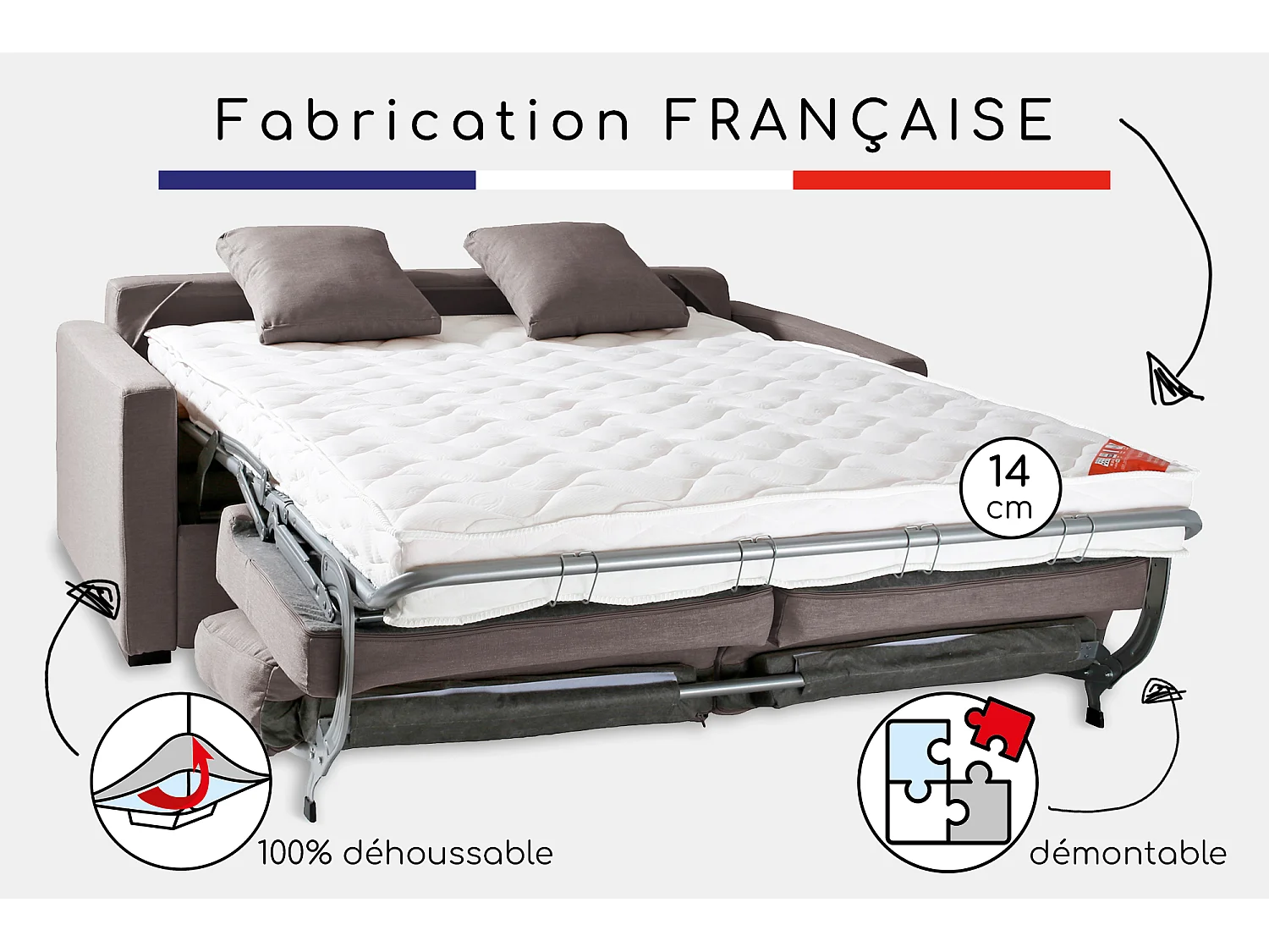 Convertible 14 cm HR 35kg/m³ canapé 3 pl LYS 185 cm tissu Tradition Taupe - Fab. France