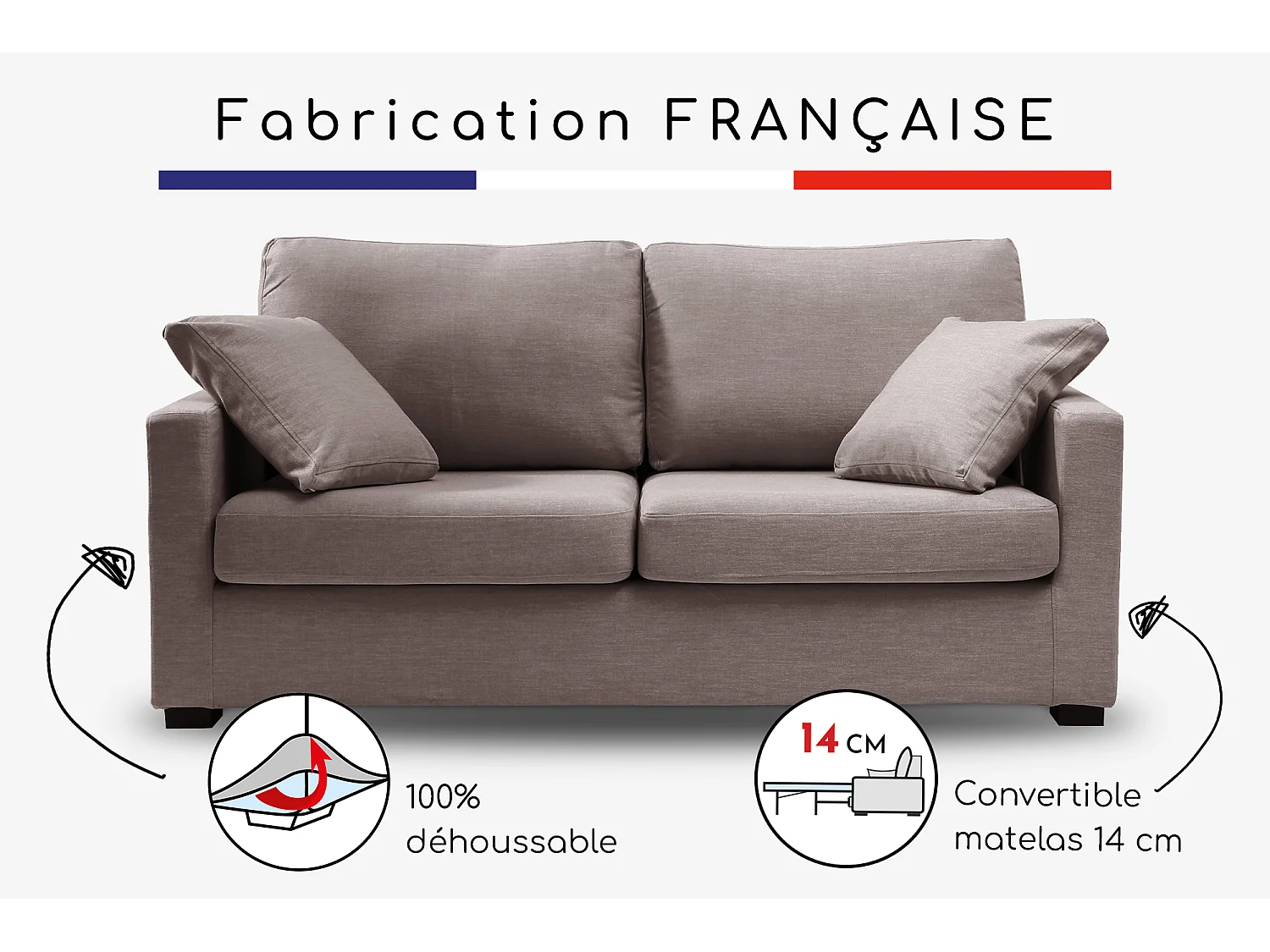 Convertible 14 cm HR 35kg/m³ canapé 3 pl LYS 185 cm tissu Tradition Taupe - Fab. France