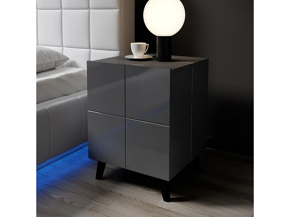 Ensemble de 2 tables de chevet design gris brillant + LED Flow - Sans LED