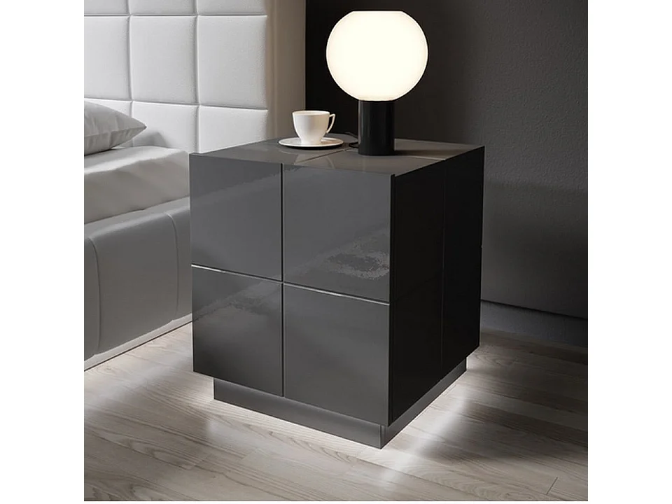 Set di 2 comodini di design grigio lucido + Flow LED - bianco