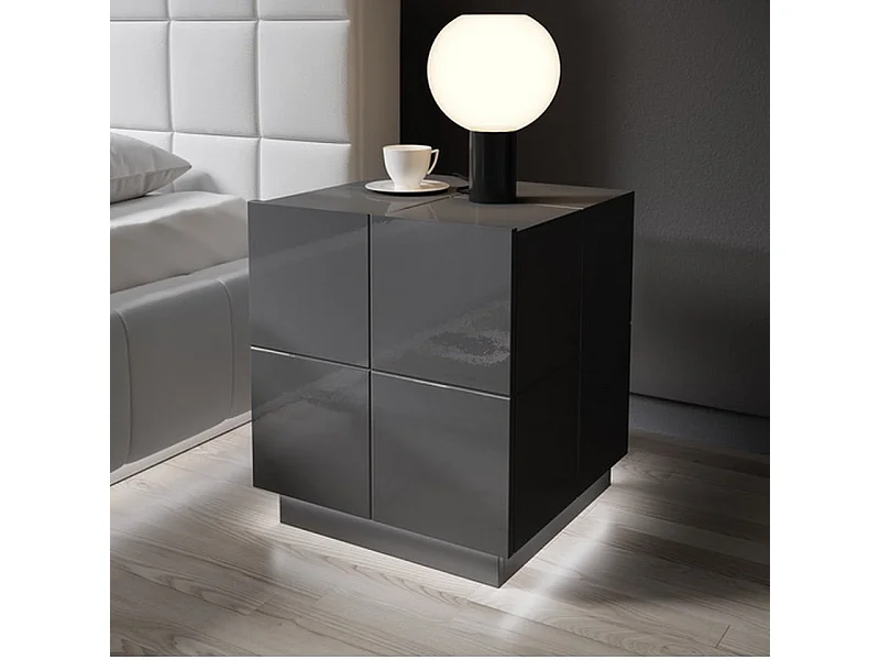 Lote de 2 mesillas de noche de diseño gris brillante + Flow LED - blanco