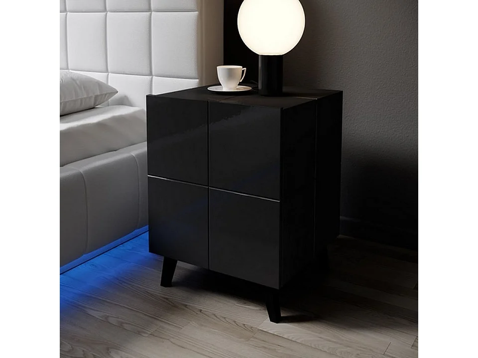 Set di 2 comodini di design nero lucido + Flow LED - bianco