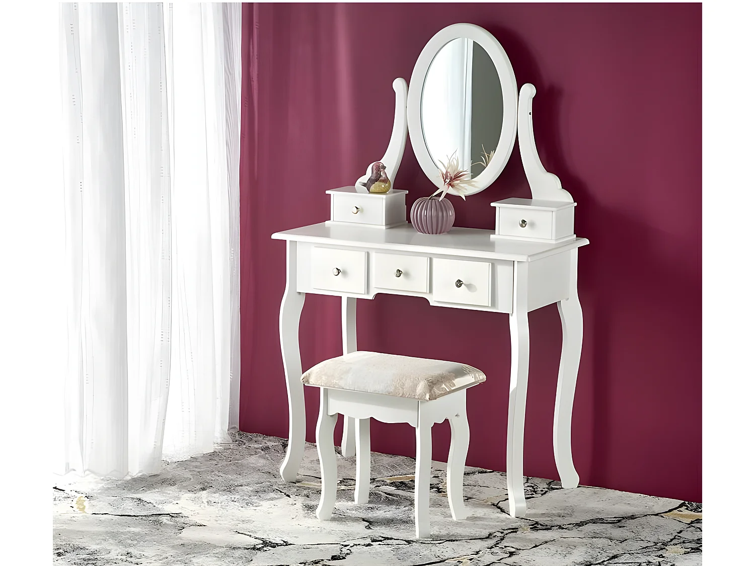 Coiffeuse design blanc laqué + miroir + banc Laki