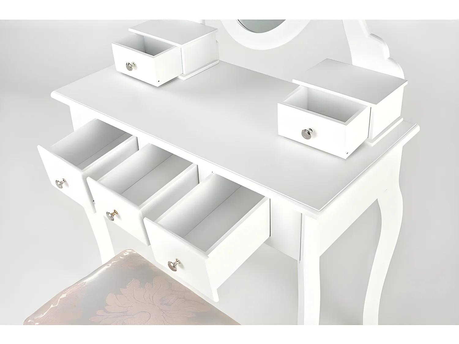 Coiffeuse design blanc laqué + miroir + banc Laki