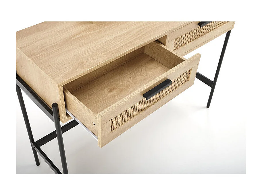 Comodino a 2 cassetti in rattan naturale con impiallacciatura in legno e metallo Ignacio