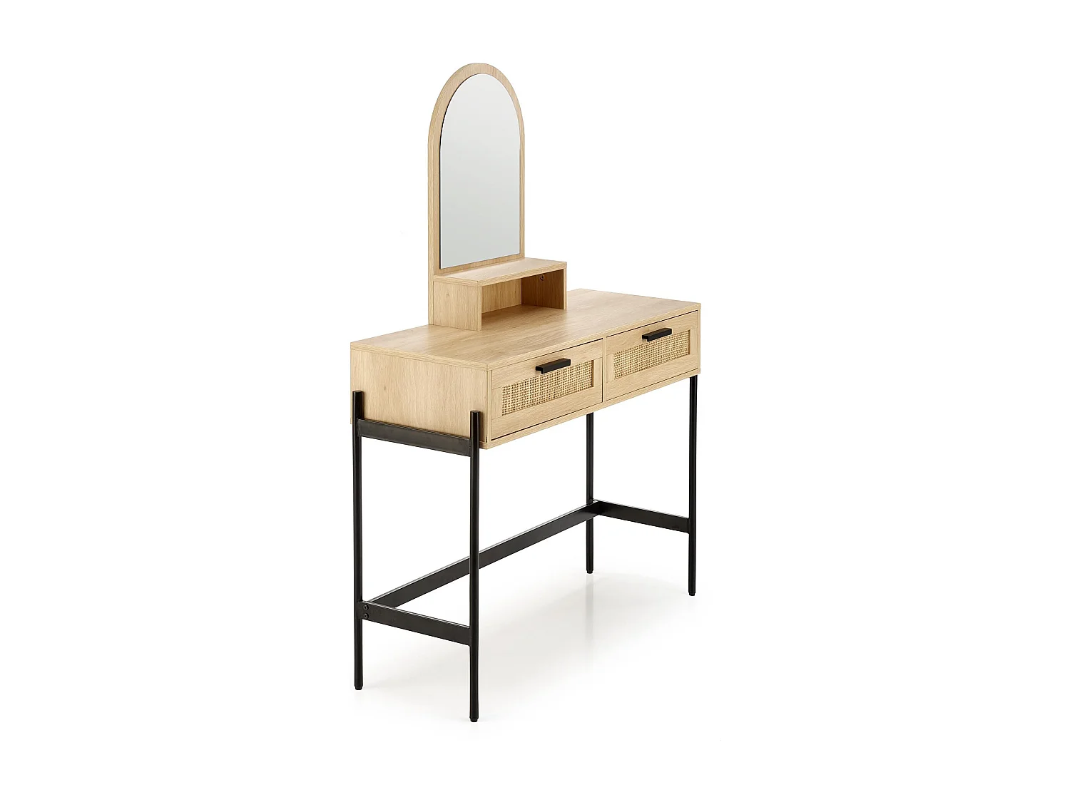 Comodino a 2 cassetti in rattan naturale con impiallacciatura in legno e metallo Ignacio