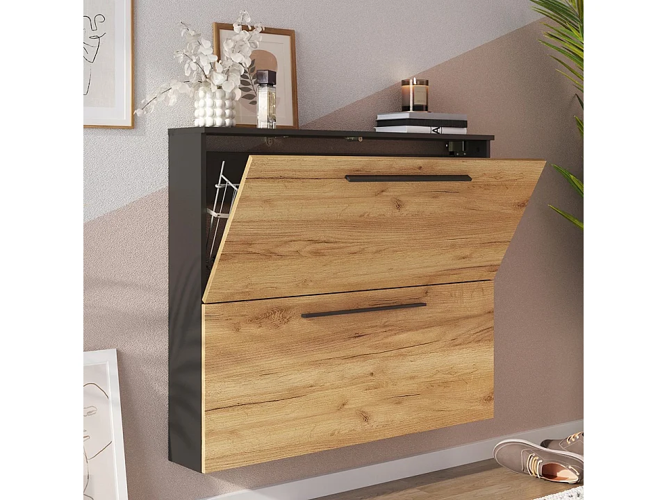 Scarpiera a muro Nava a 2 ante in rovere e nero