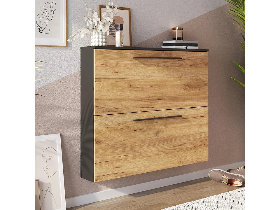 Scarpiera a muro Nava a 2 ante in rovere e nero