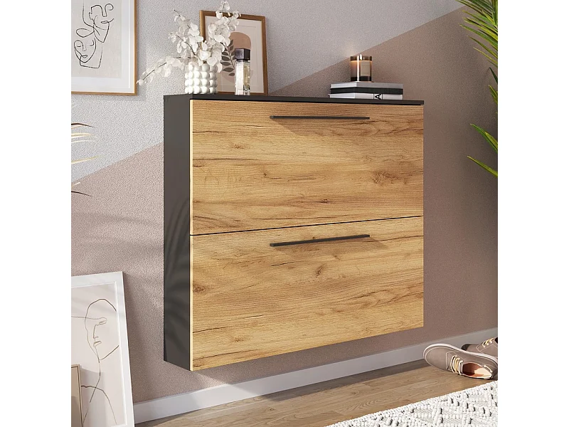 Meuble à chaussures mural gris et chêne 2 portes Nava