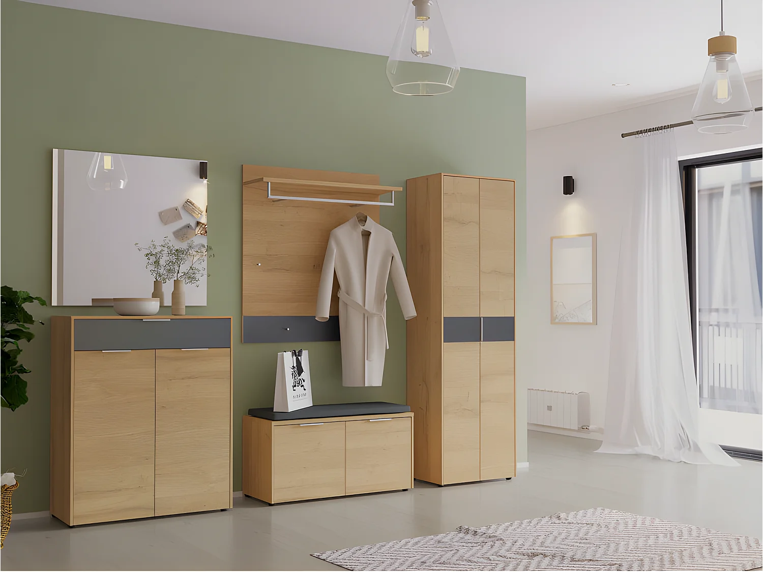 Meuble à chaussures deux portes un tiroir gris graphite et aspect chêne Iowa