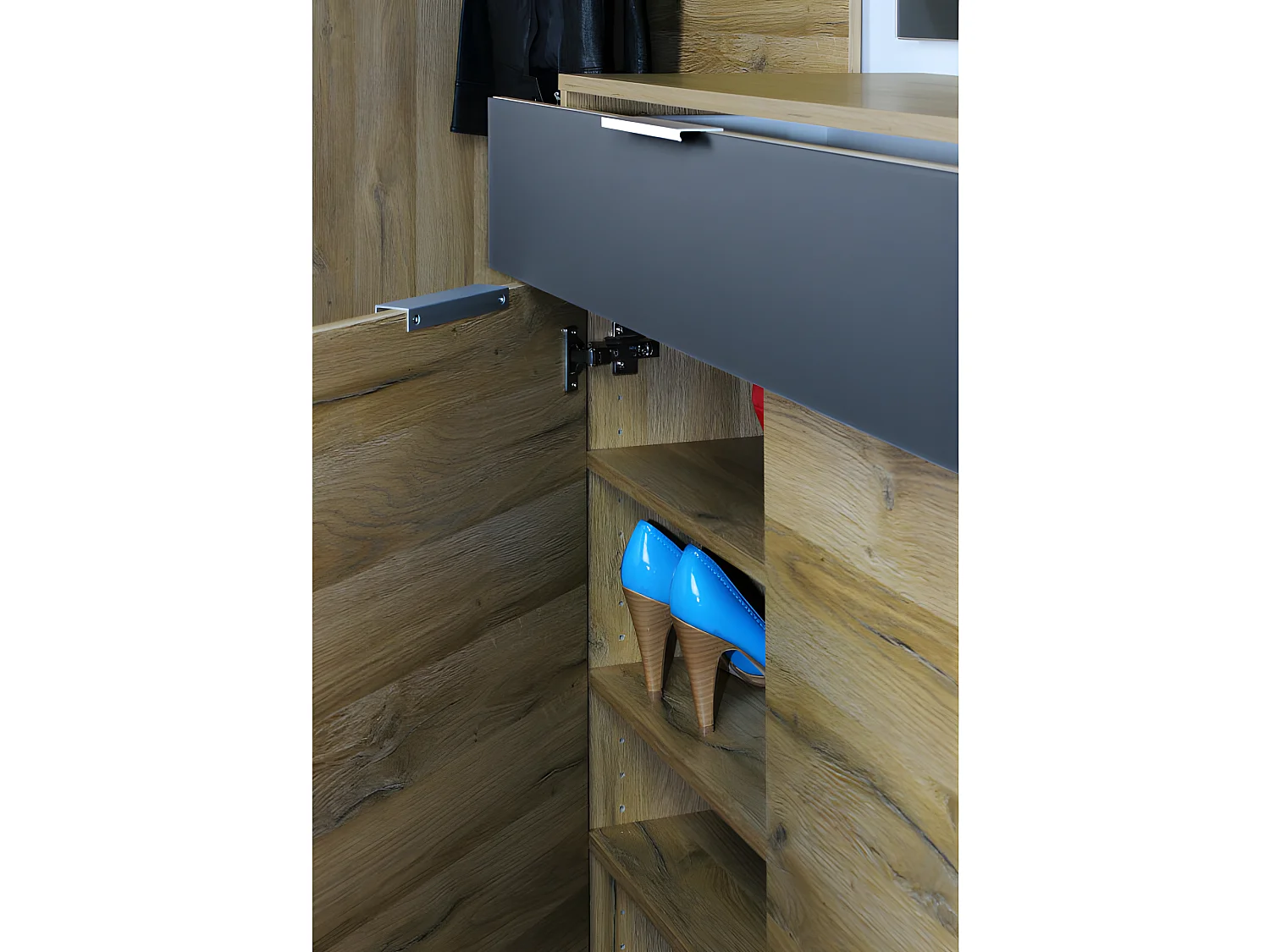 Meuble à chaussures deux portes un tiroir gris graphite et aspect chêne Iowa