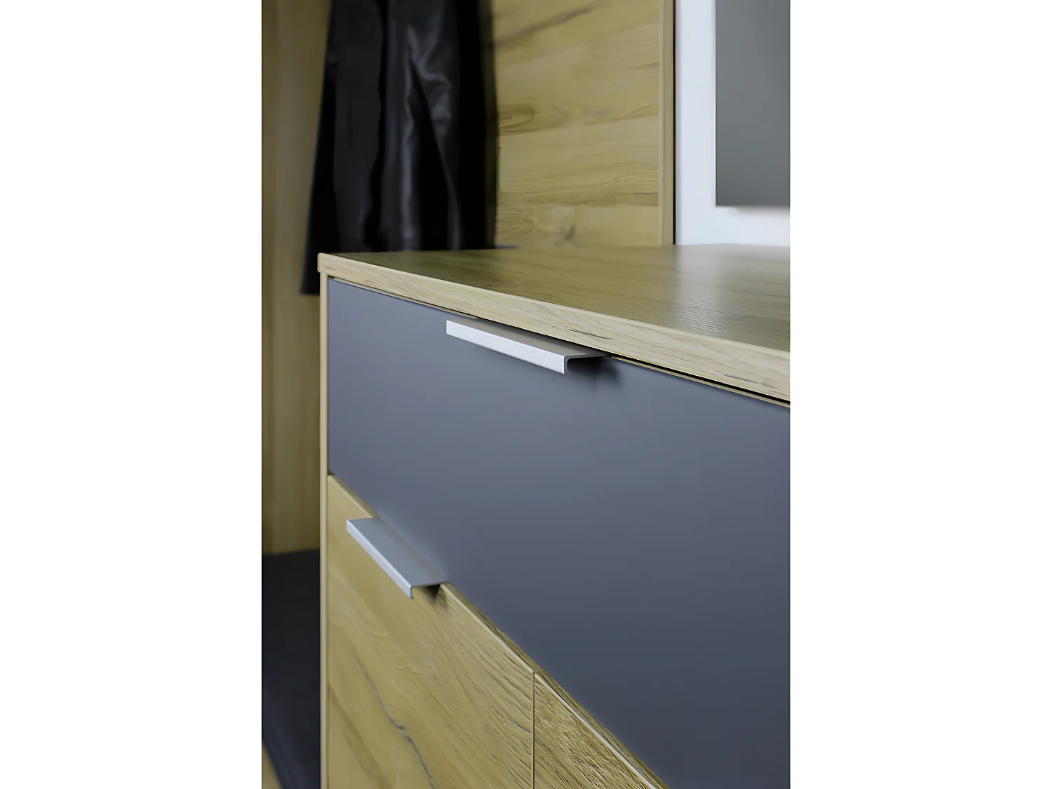 Meuble à chaussures deux portes un tiroir gris graphite et aspect chêne Iowa