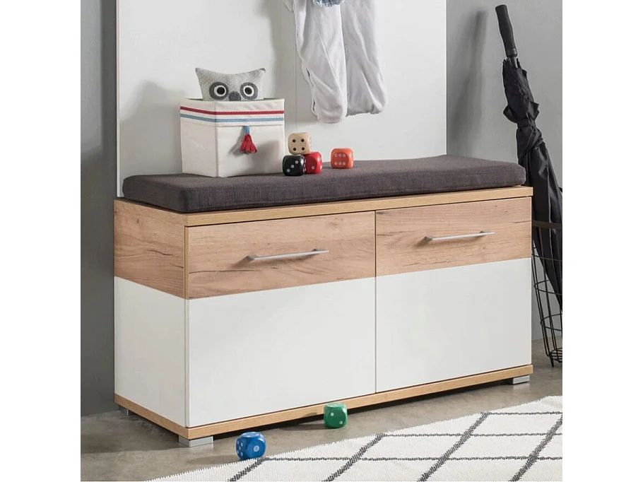 Banco zapatero Cheyenne blanco y madera - cojín para banco (49€)