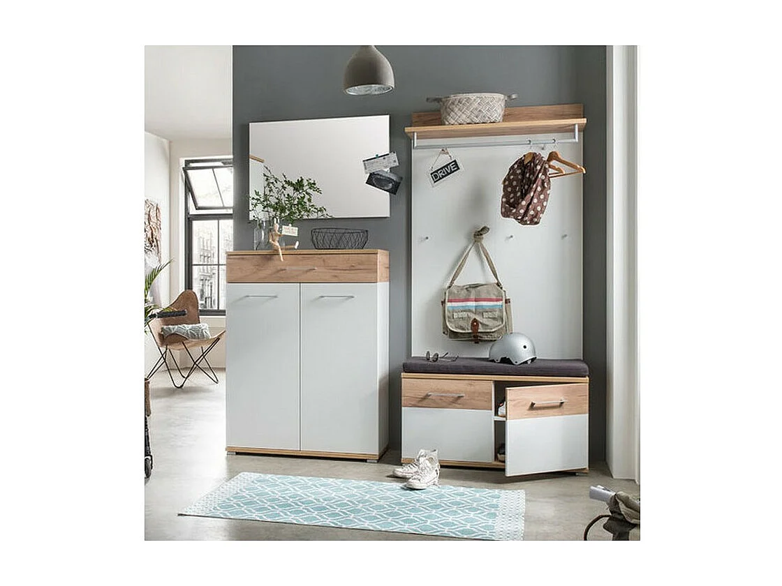 Panca per scarpe Cheyenne bianca e in legno - cuscino per panca (49€)