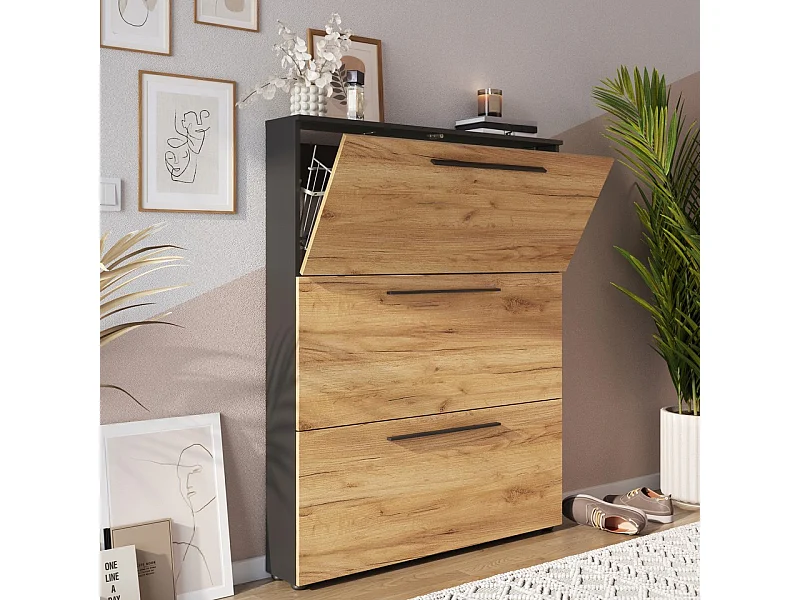 Meuble à chaussures noir et chêne 3 portes Nava